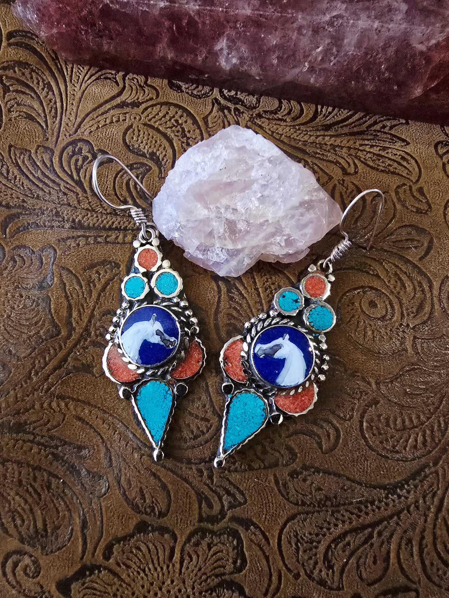 Hand-Painted Arabian Horse Sterling Silver Earrings — Lapis, Coral & Turquoise Inlay