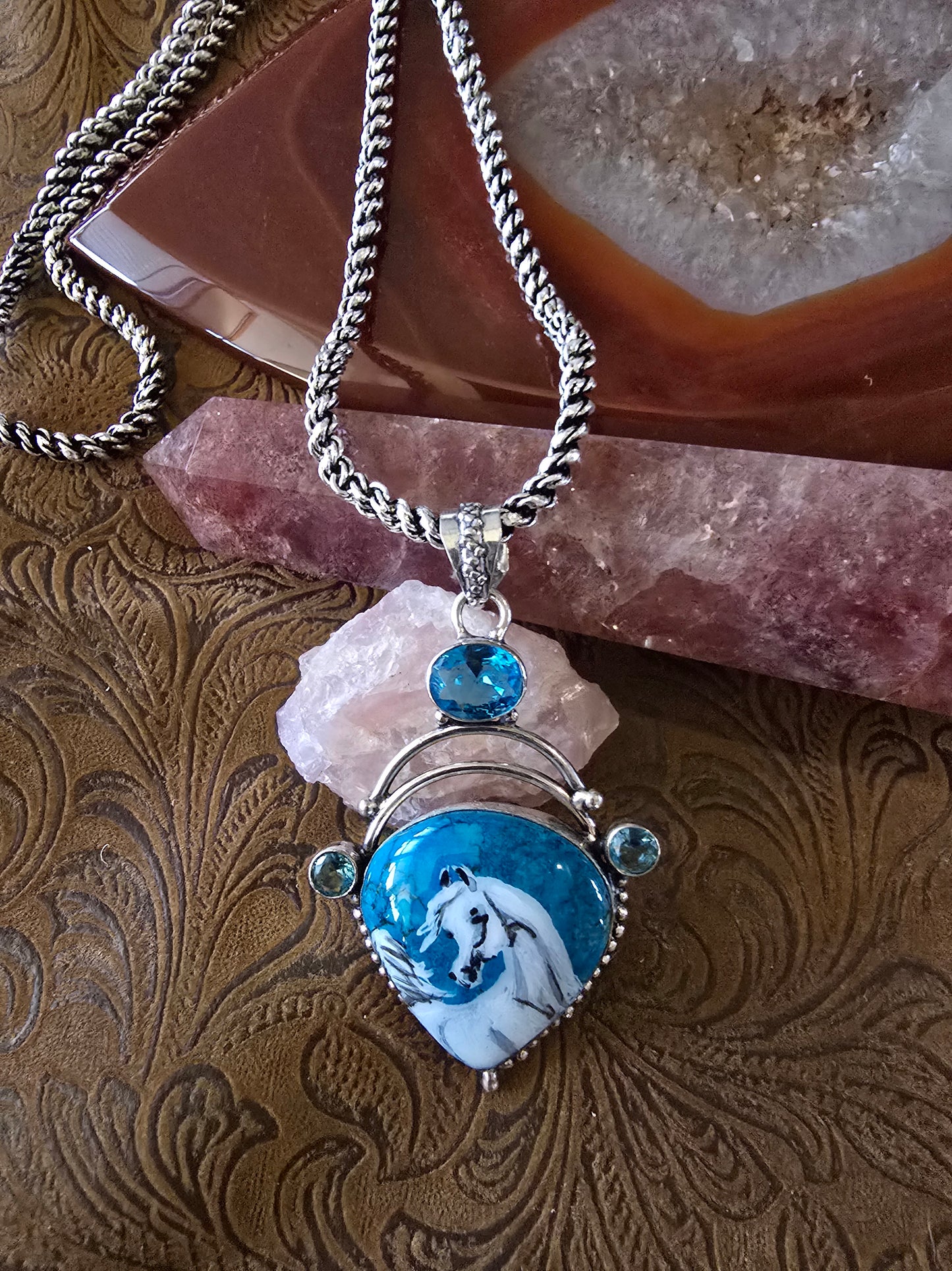 Turquoise and Topaz Sterling Silver Hand Painted Arabian Horse necklace