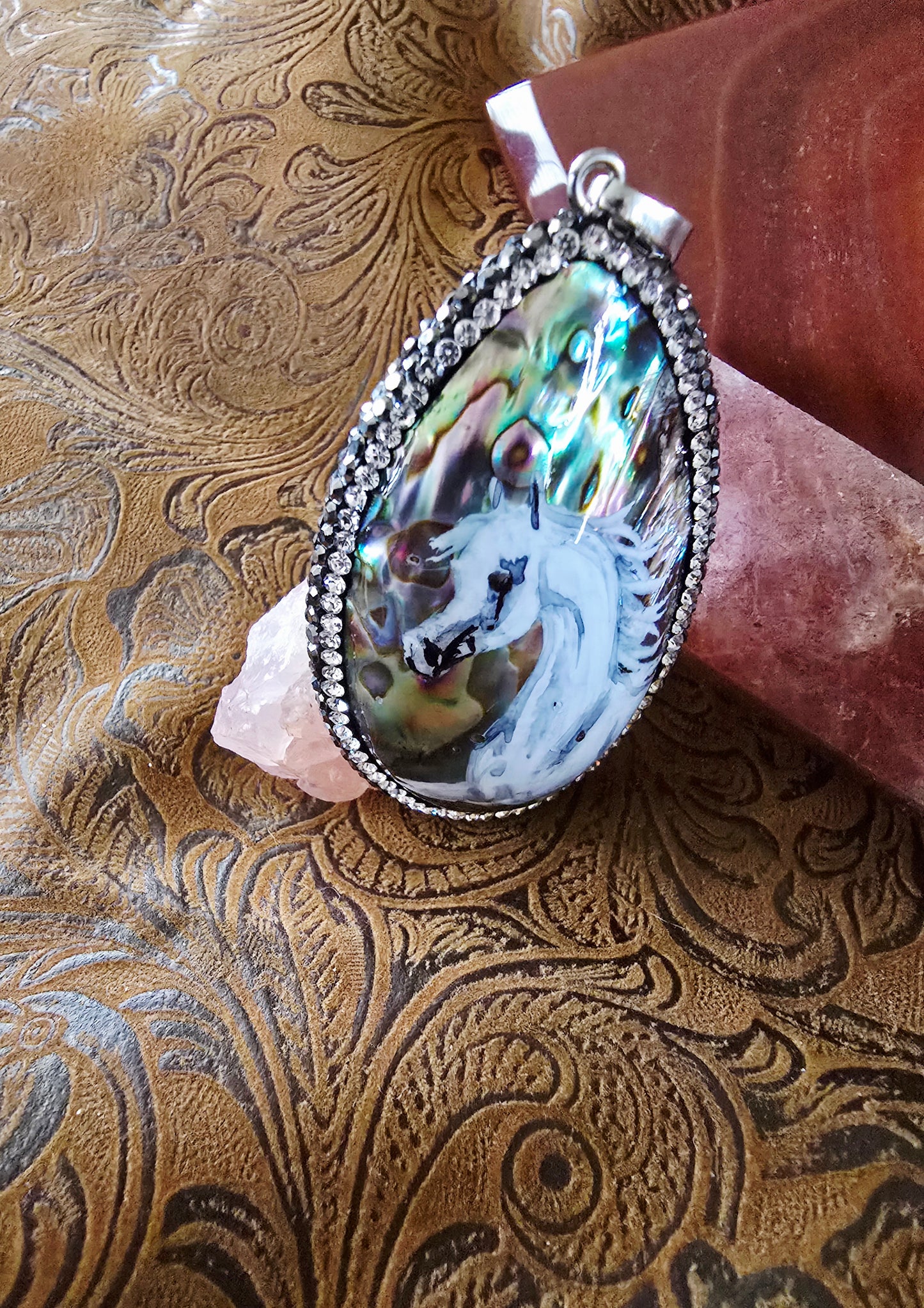 Hand-Painted Arabian Horse Pendant — Natural Abalone Shell with Pave Crystal Bezel