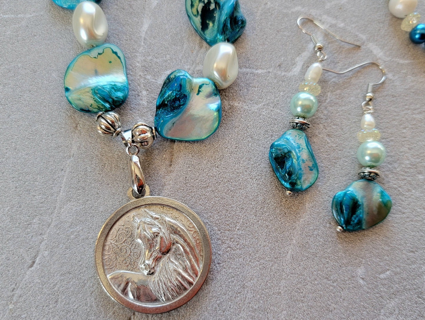 Pewter Horse Medallion Teal Shell & Pearl Necklace and Earring Set