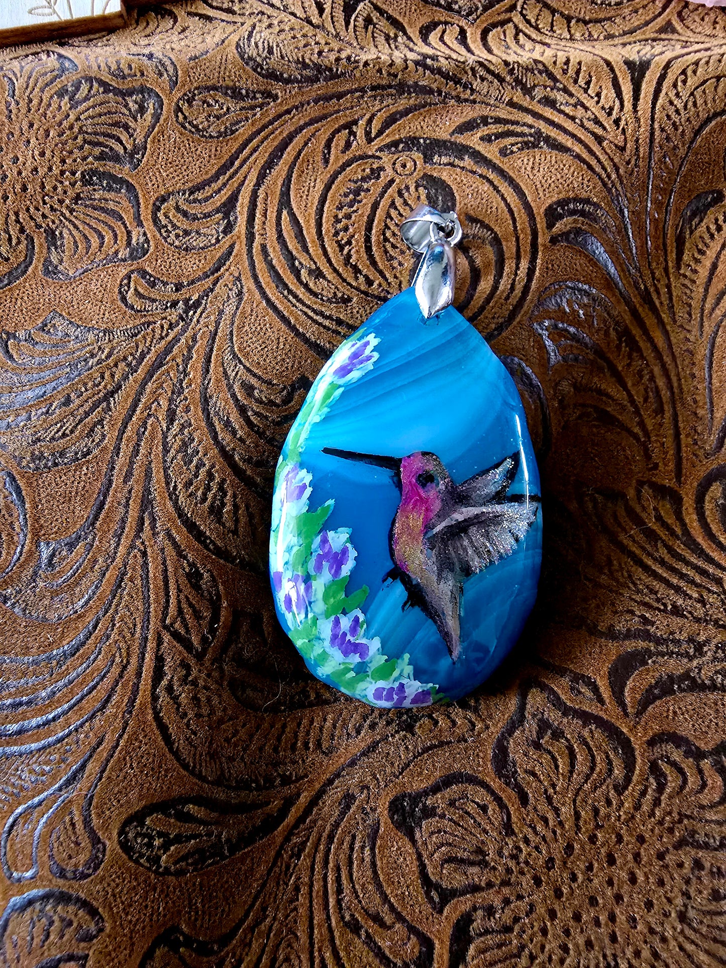 Hand-Painted Hummingbird Pendant — Turquoise Blue Dyed Brazilian Agate