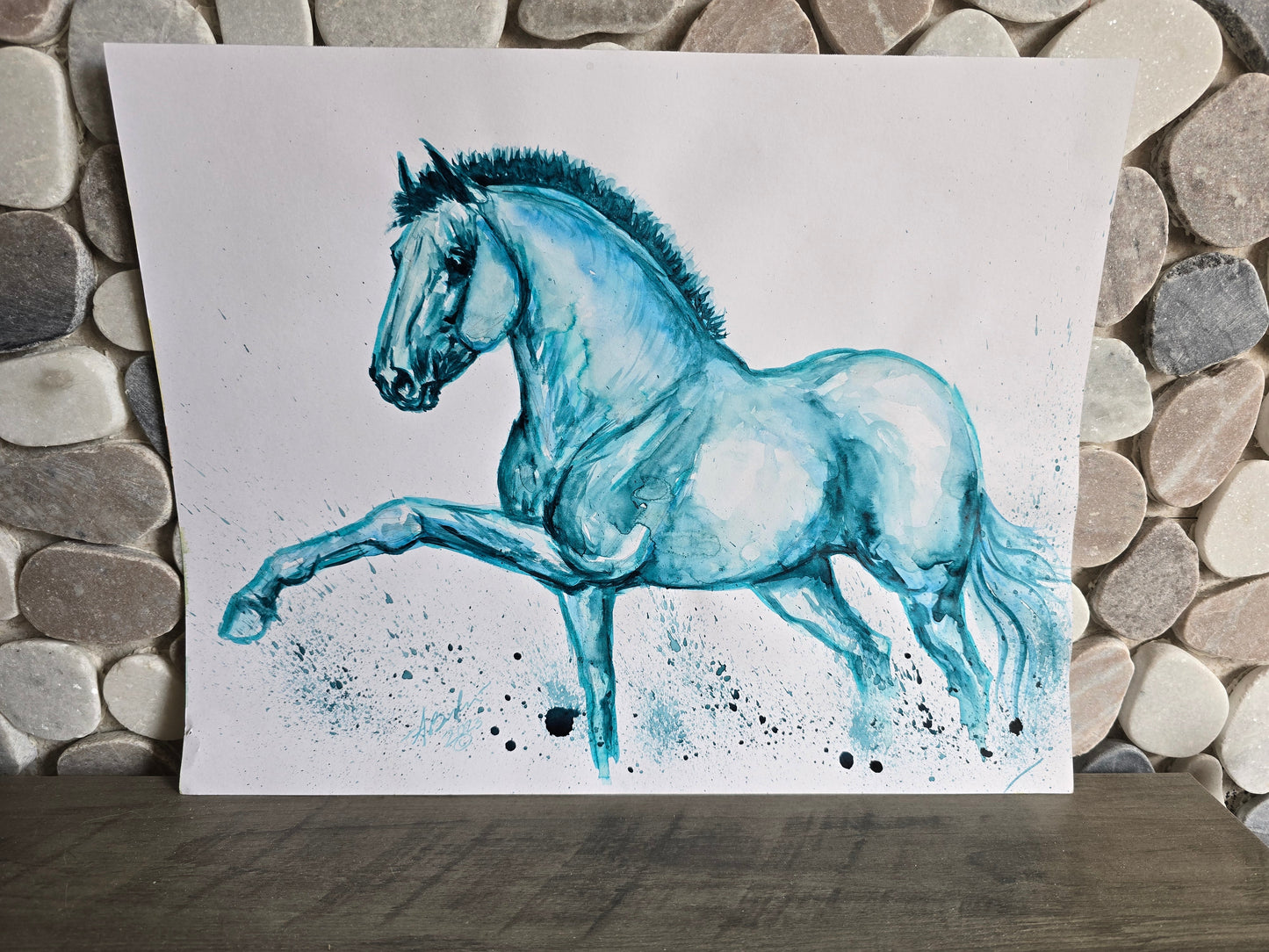 Original Watercolor — Teal Galloping Horse 11x15”