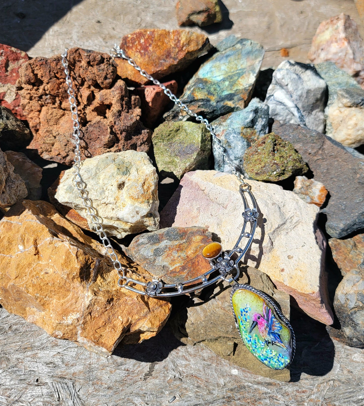 Hand Painted Hummingbird Solar Quartz & Tiger Eye Sterling Silver Necklace