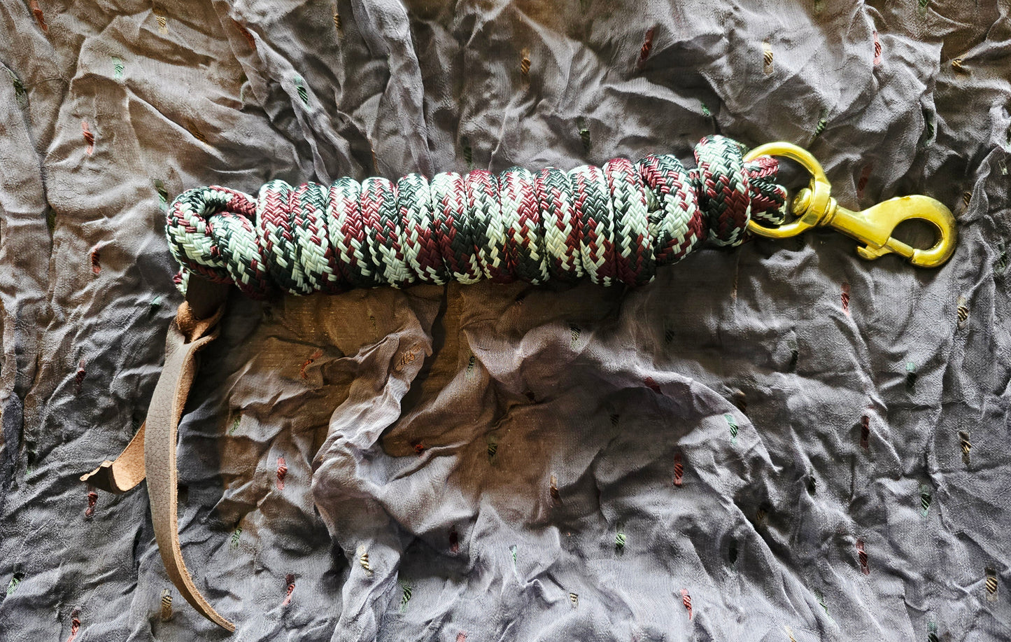 Handcrafted 10' Lead Rope with Leather Popper — Black, Burgundy & Gray