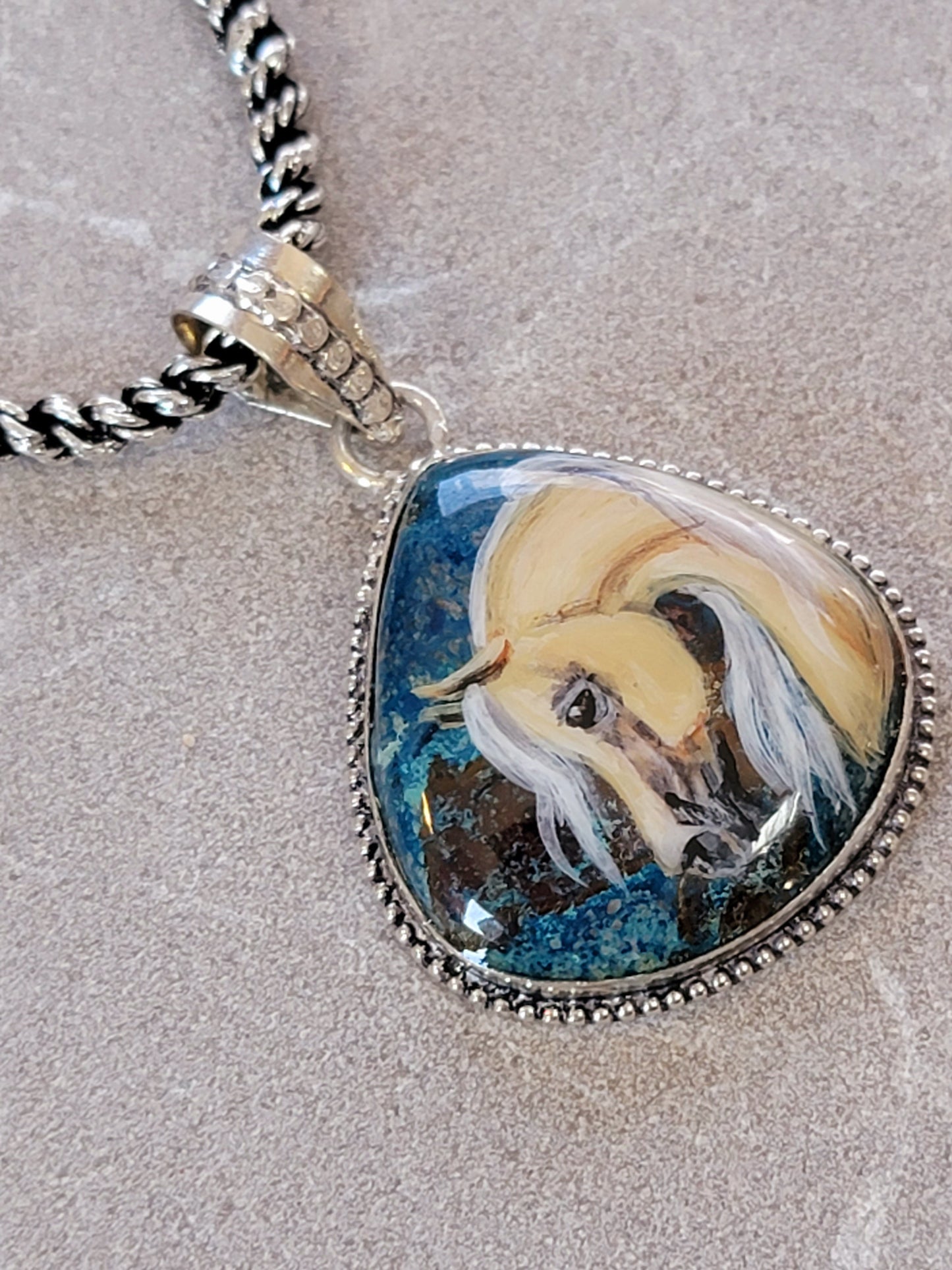Hand Painted Palomino Horse Chrysocolla Sterling Silver Necklace
