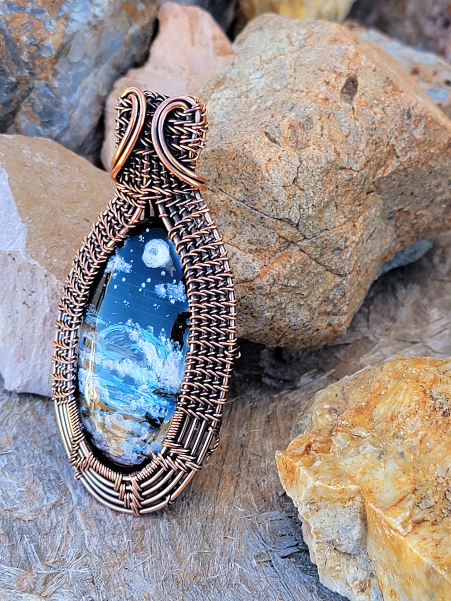 Hand-Painted Moonlit Ocean Copper Wire Wrapped Agate Pendant