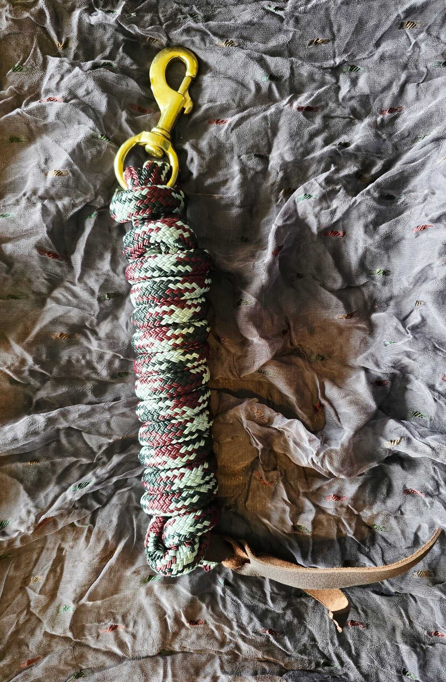 Handcrafted 10' Lead Rope with Leather Popper — Black, Burgundy & Gray