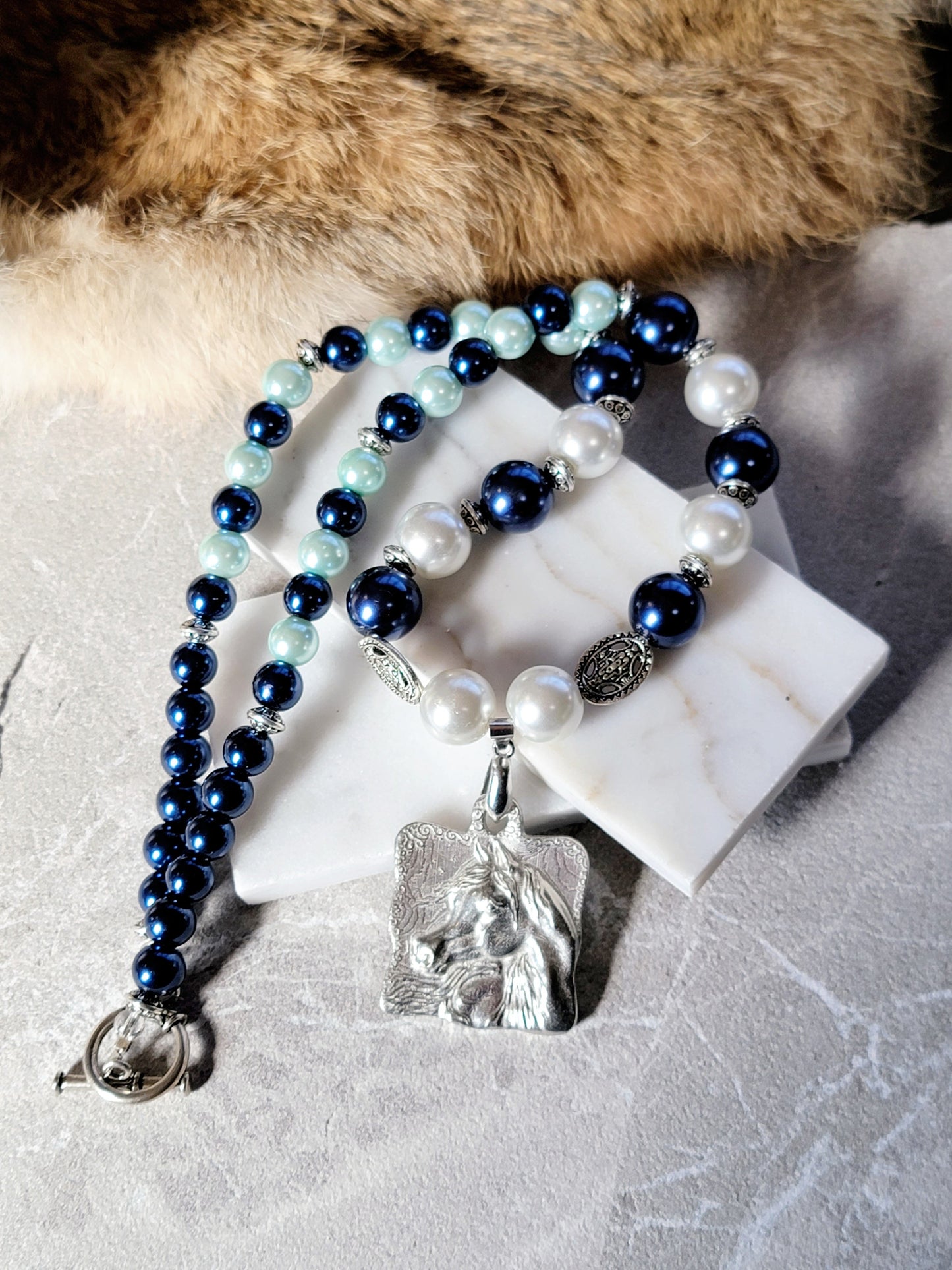 Arabian Horse Glass Pearl & Pewter Necklace with matching earrings
