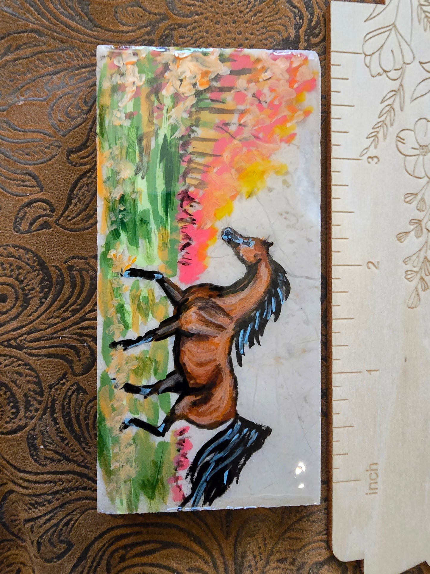 Handpainted Horse Scene Marble Tile – Original Art