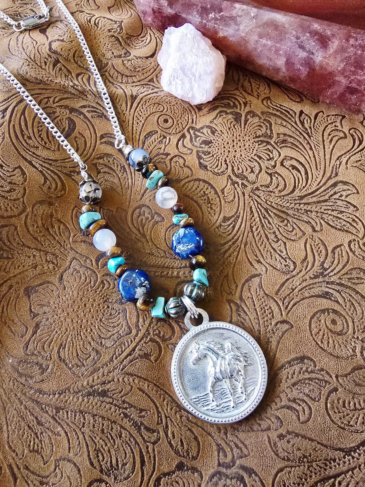 Pewter Arabian Horse Necklace — Jasper, Turquoise, Tiger's Eye & Dendritic Opal Gemstone Beads, 24"