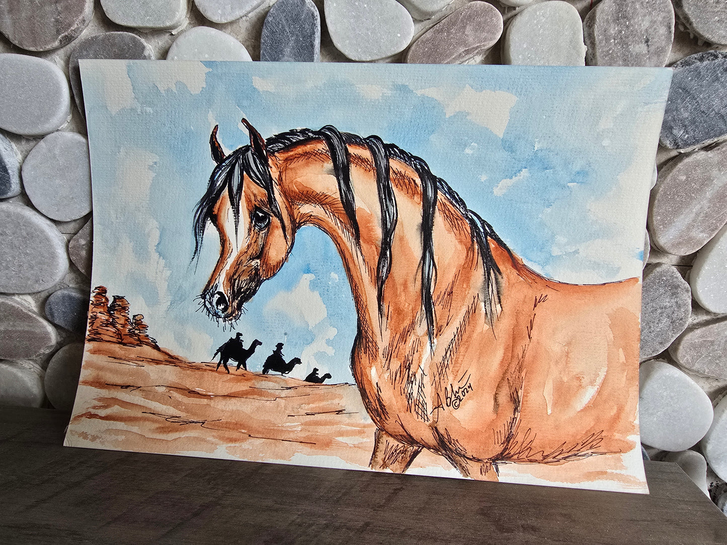 Original Watercolor & Ink — Golden Bay Arabian Horse in Desert Scene, approx. 10x13"