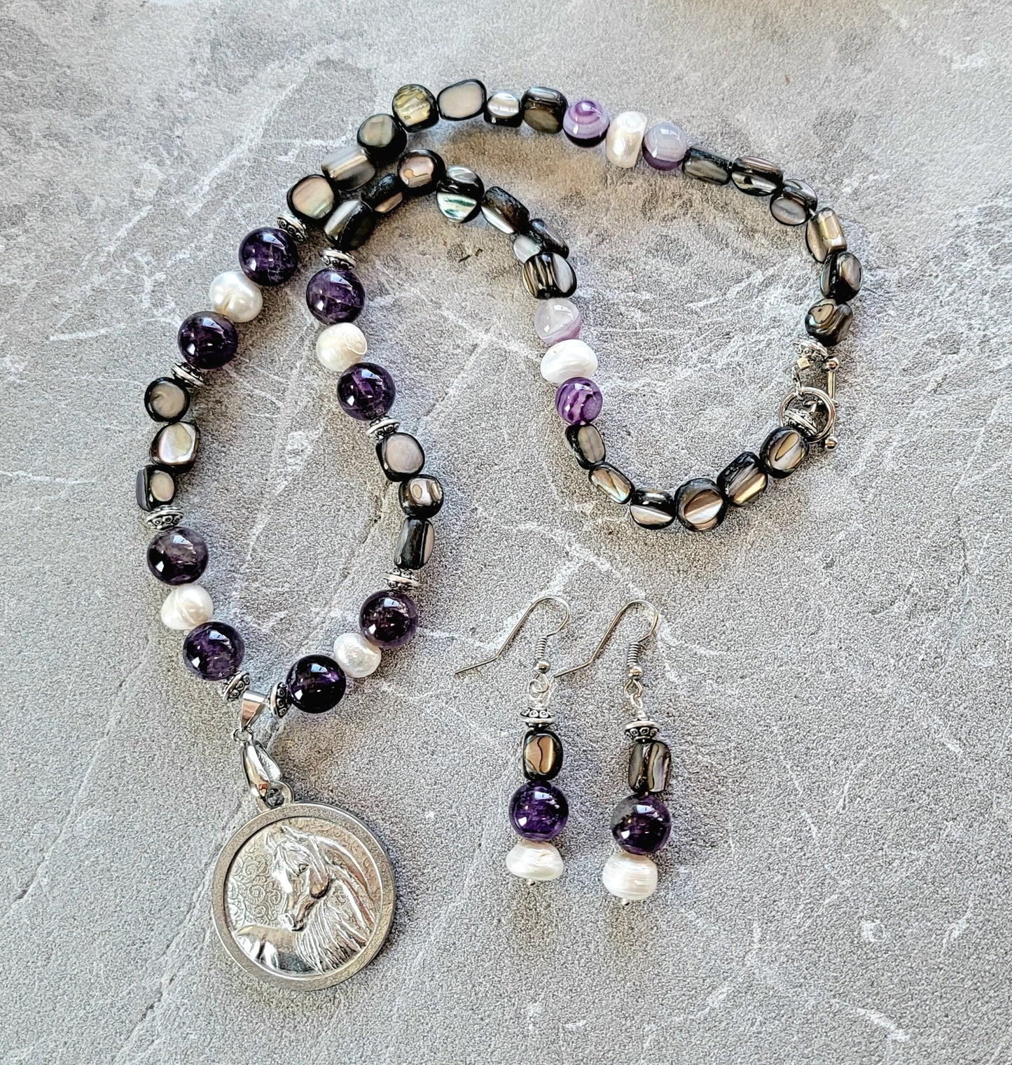 Pewter Horse Medallion Amethyst Pearl & Shell Necklace and Earring Set
