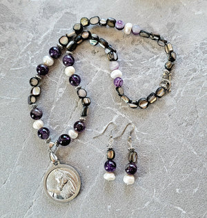 Pewter Horse Medallion Amethyst Pearl & Shell Necklace and Earring Set