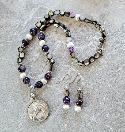 Pewter Horse Medallion Amethyst Pearl & Shell Necklace and Earring Set