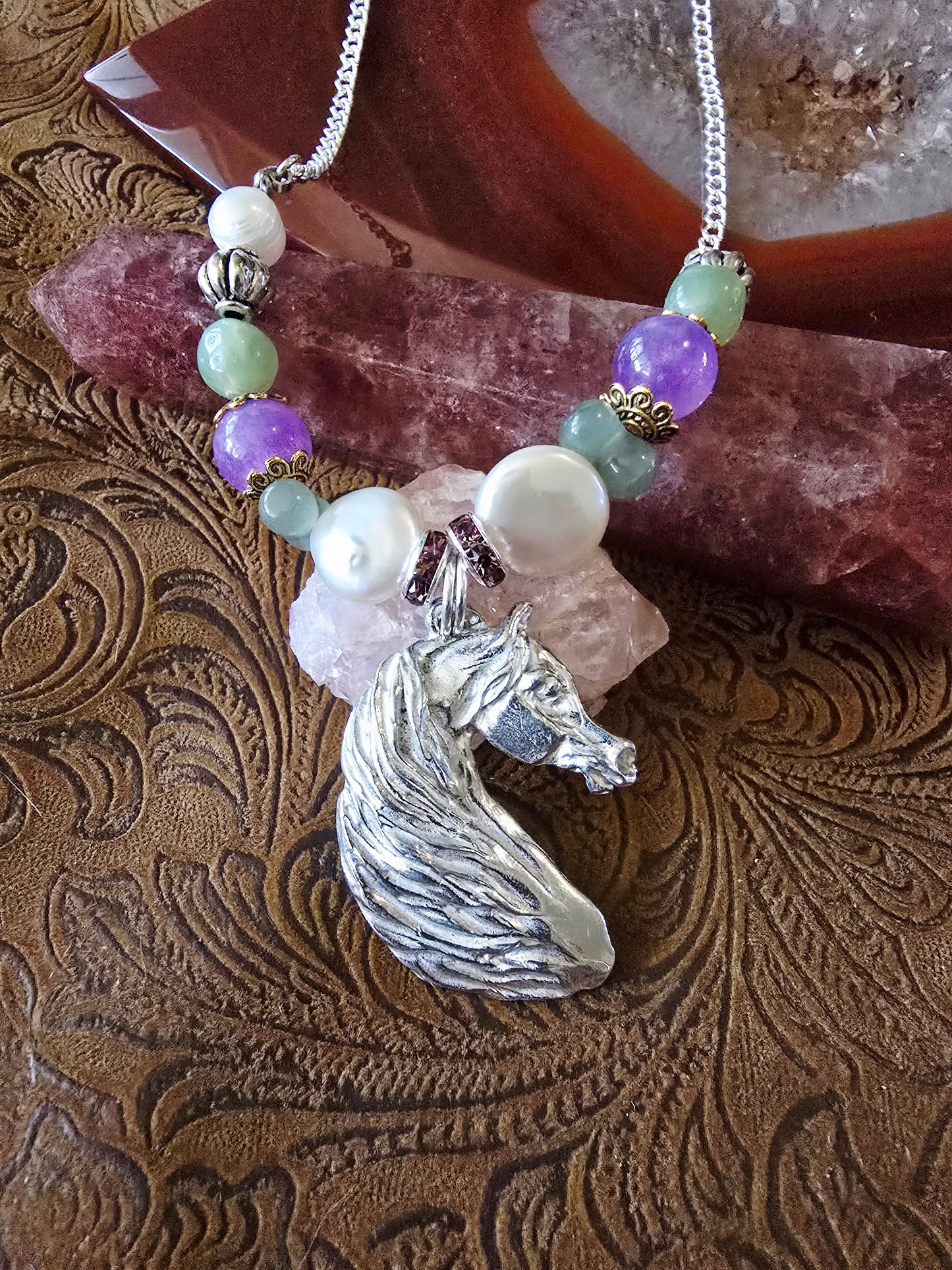 Pewter Arabian Horse Head Necklace — Freshwater Pearl, Lavender Jade & Green Aventurine, 26"