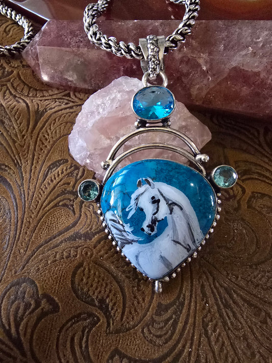 Turquoise and Topaz Sterling Silver Hand Painted Arabian Horse necklace