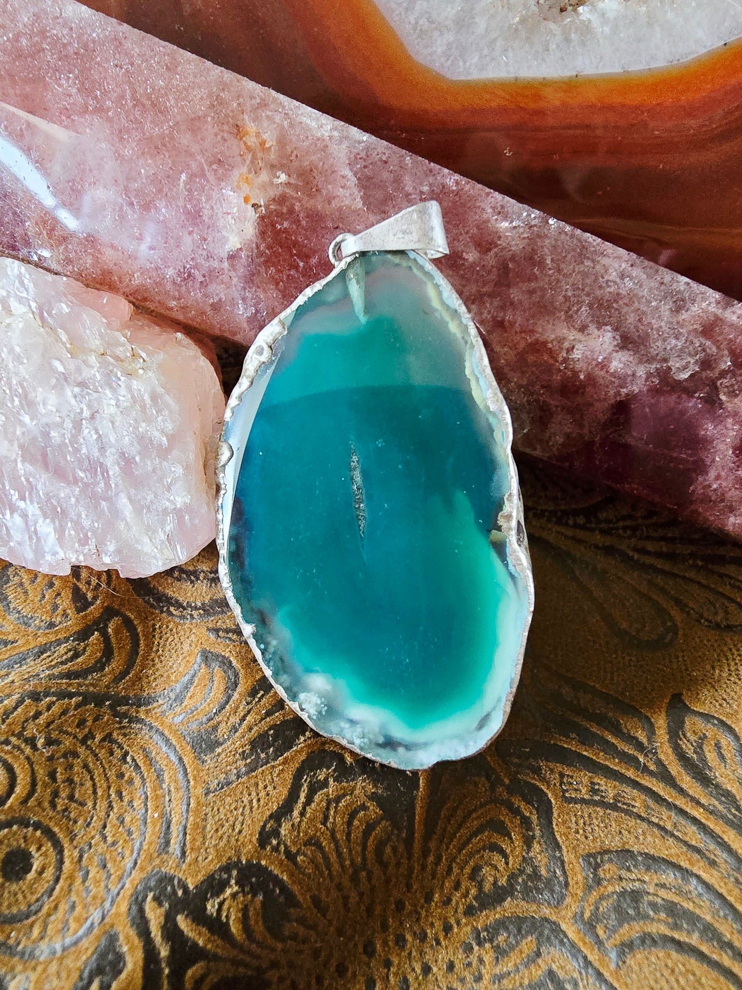 Hand-Painted Arabian Horse Pendant — Teal Dyed Brazilian Agate Slice