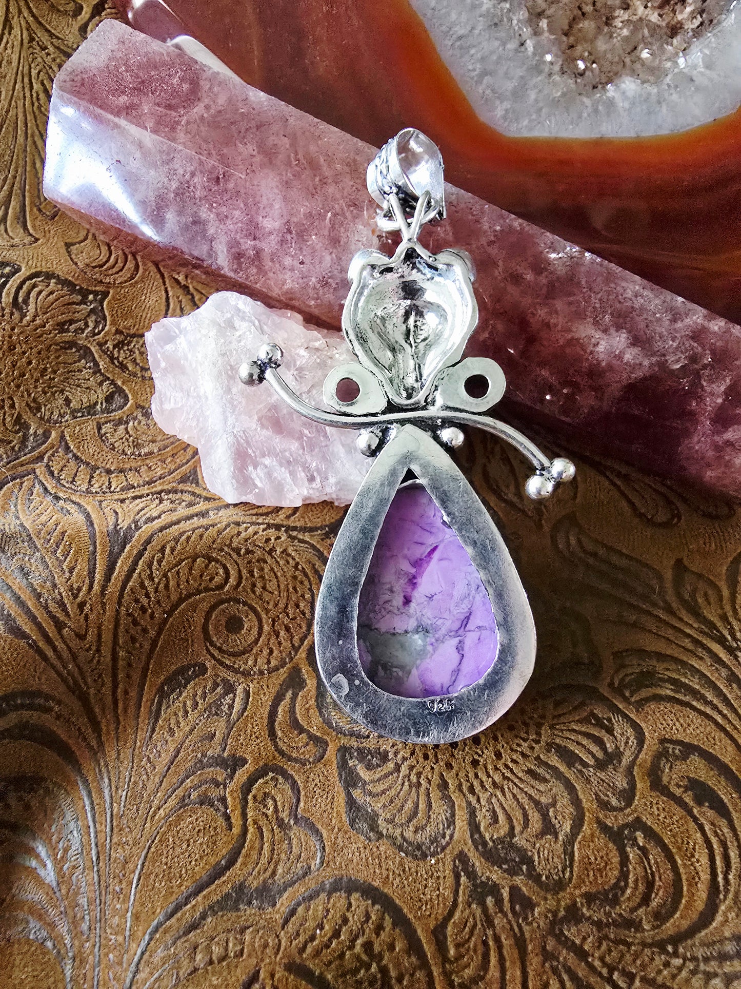 Hand-Painted Fox Portrait Pendant — Lavender Crazy Lace Agate — Fox-on-Fox