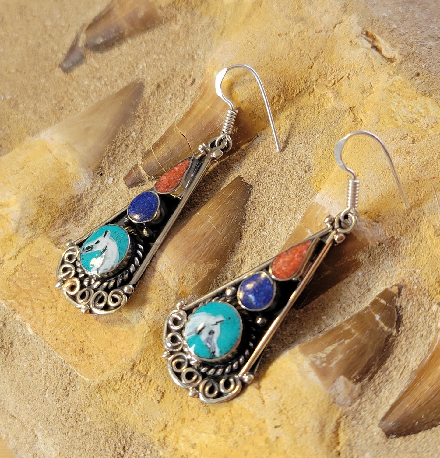 Hand Painted Tribal Arabian Horse Sterling Silver Earrings