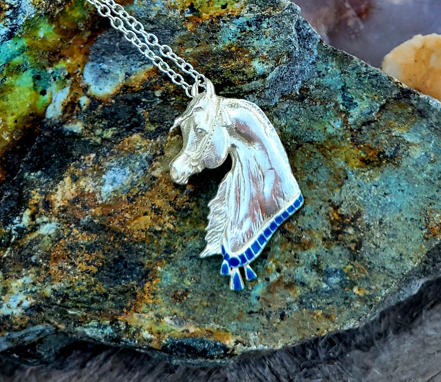 Sterling Silver Arabian Horse Necklace with Blue Enamel