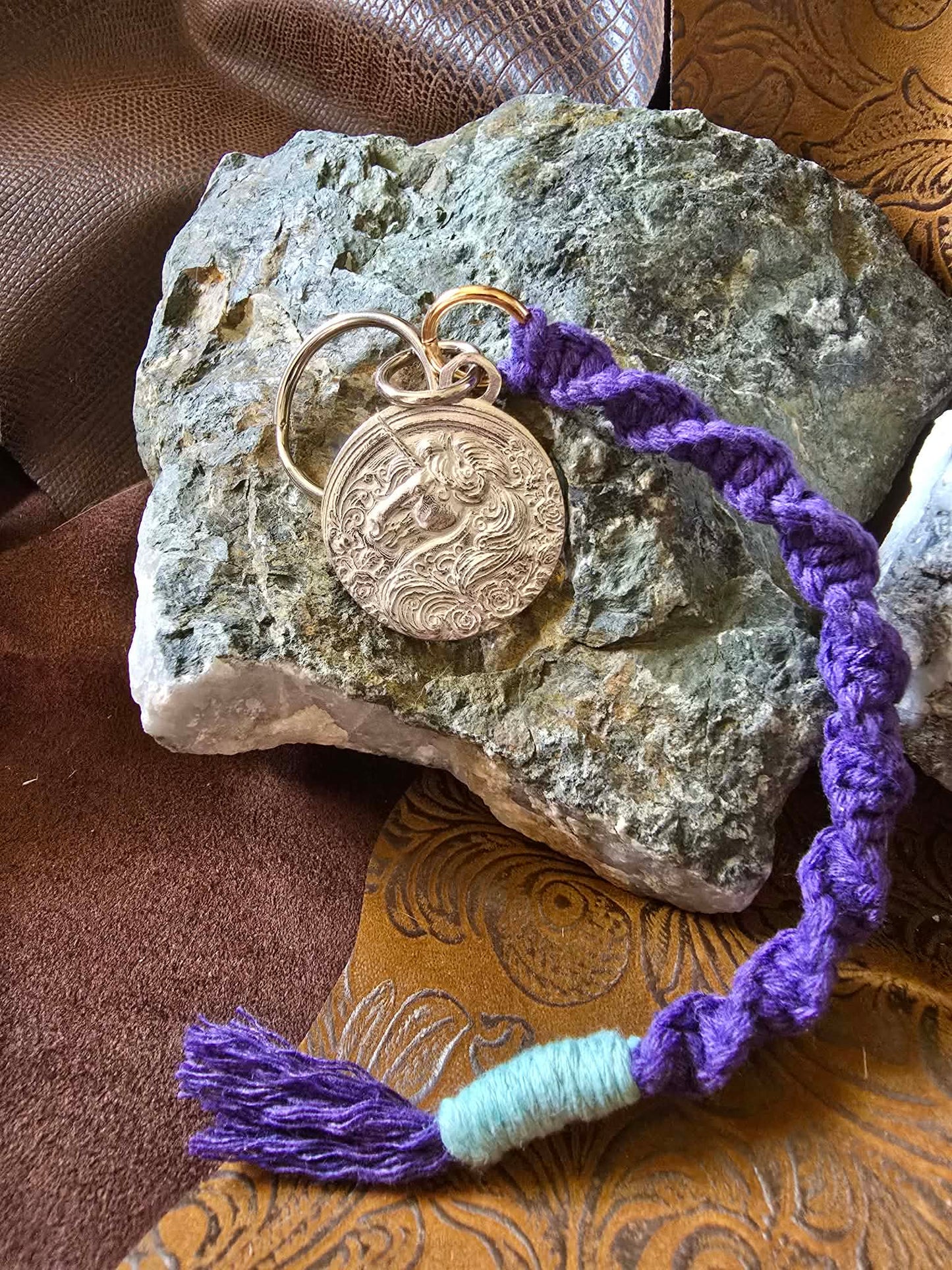 Unicorn Pewter Pendant Keychain Key Ring Macrame Lanyard