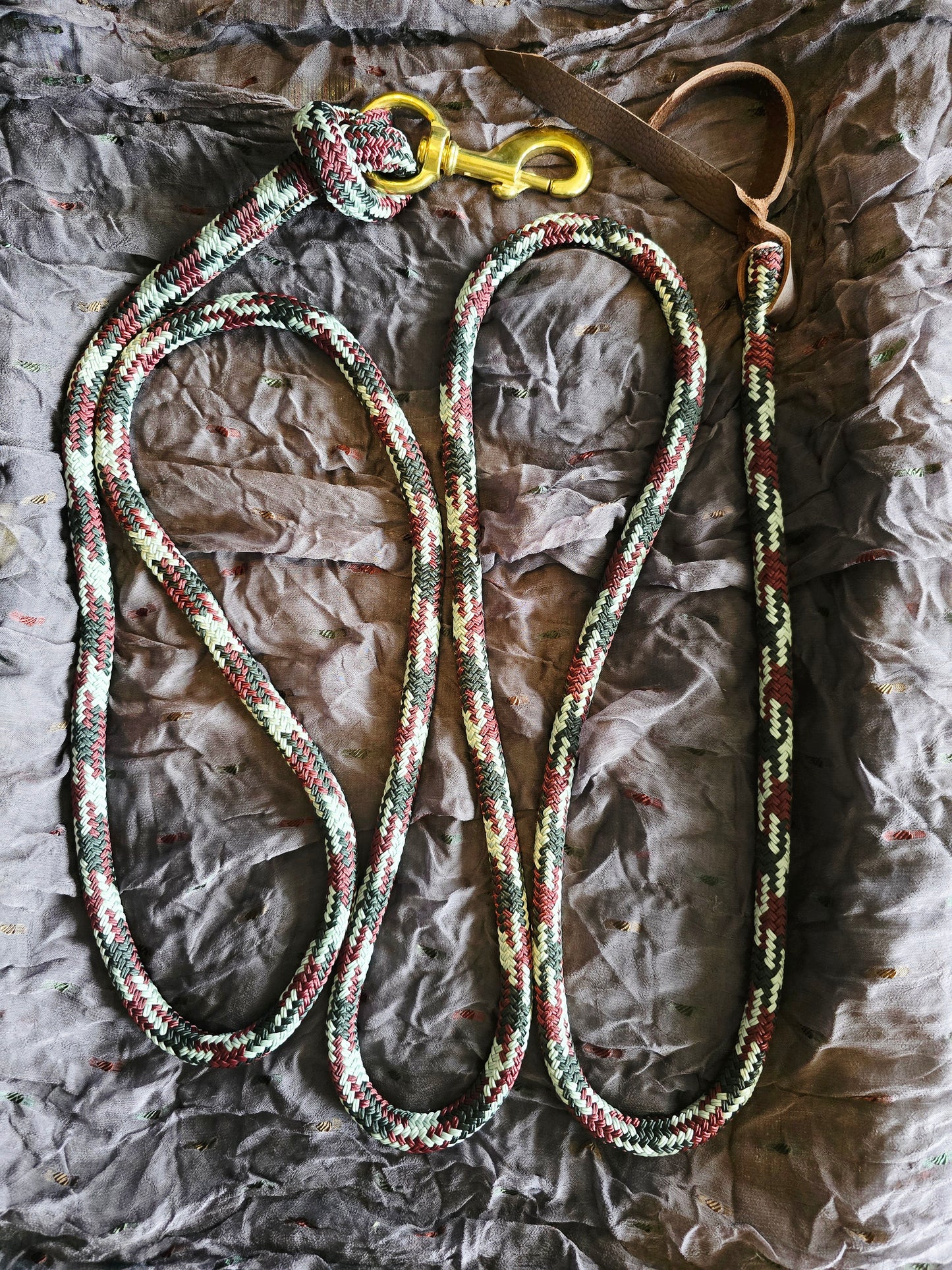 Handcrafted 10' Lead Rope with Leather Popper — Black, Burgundy & Gray