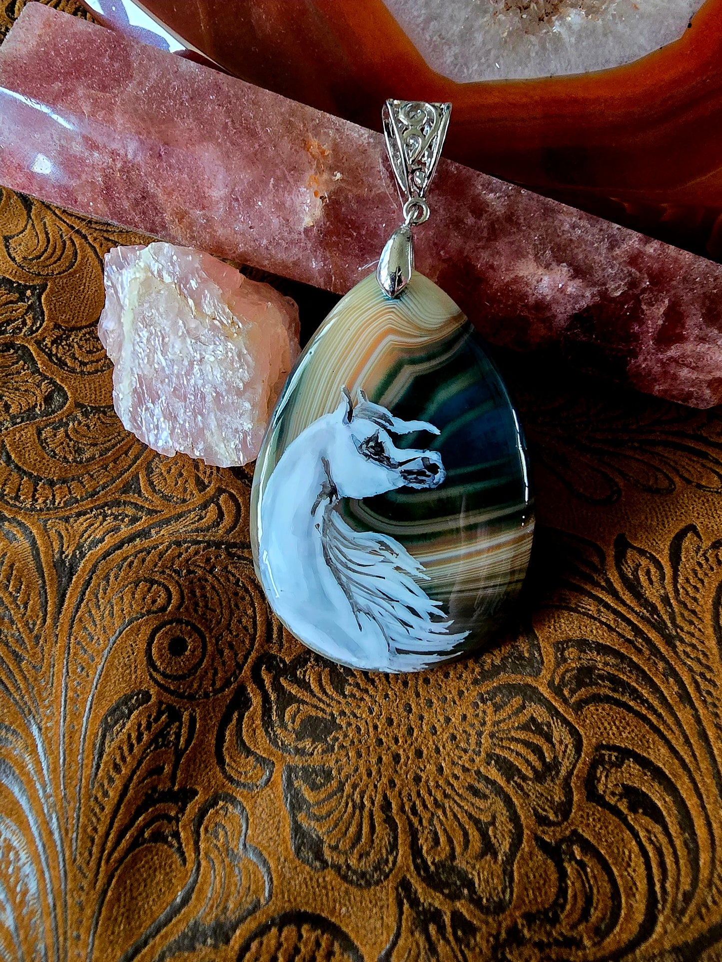 Hand-Painted Arabian Horse Pendant — Botswana Agate