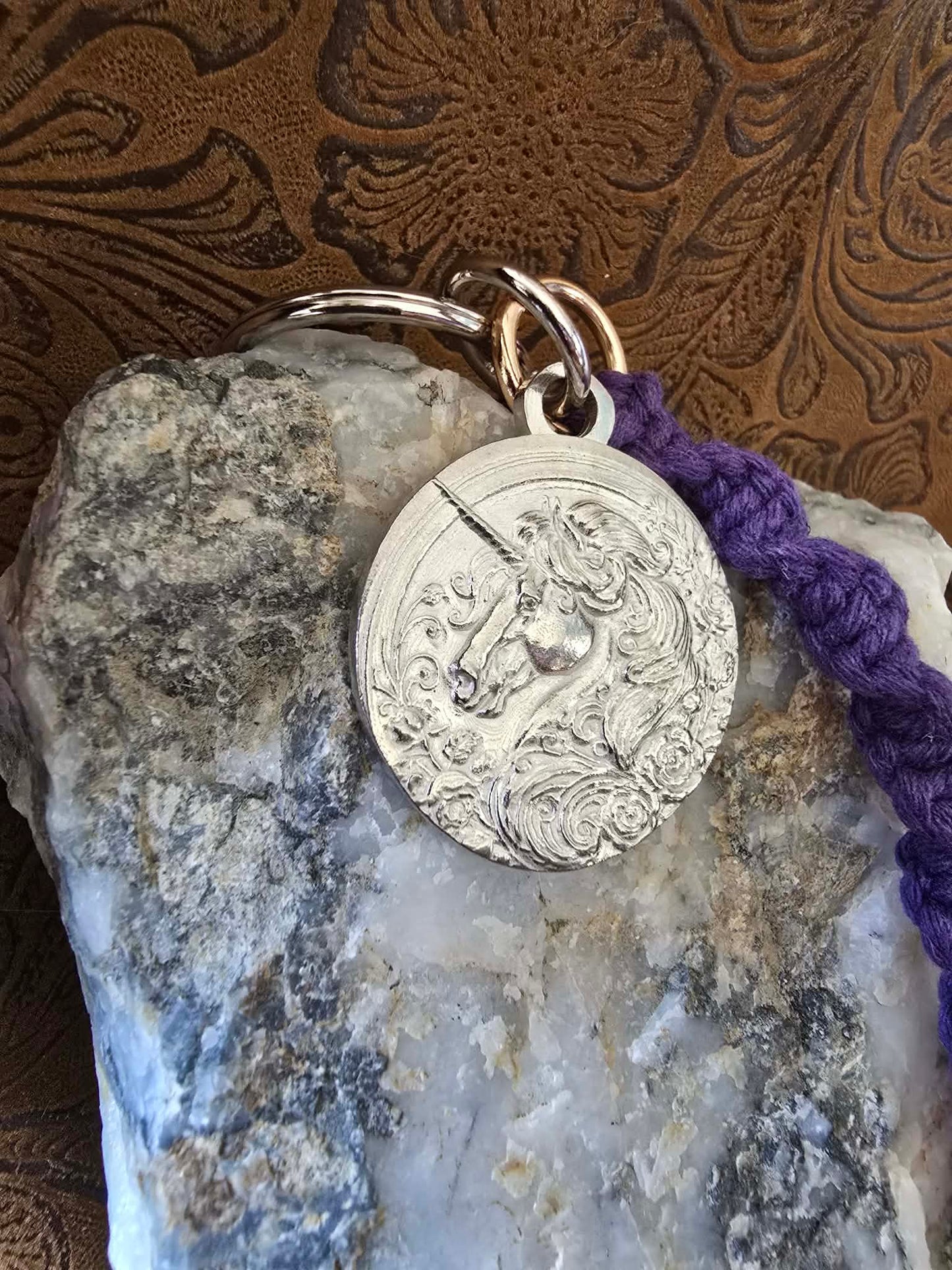 Unicorn Pewter Pendant Keychain Key Ring Macrame Lanyard