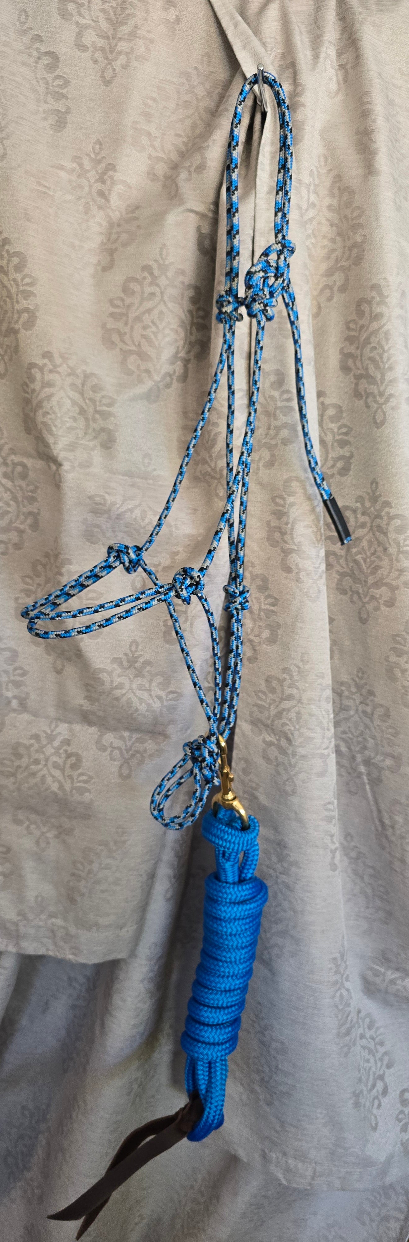 Handmade Arabian Rope Halter & Lead Rope Set — Blue/Black/Grey & Solid Blue, 10' Brass Snap