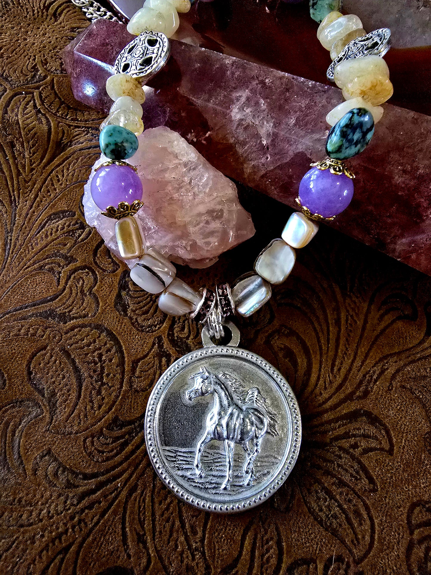 Pewter Arabian Horse Medallion Necklace — Amethyst, African Turquoise, Pearl & Citrine Gemstones, 24"