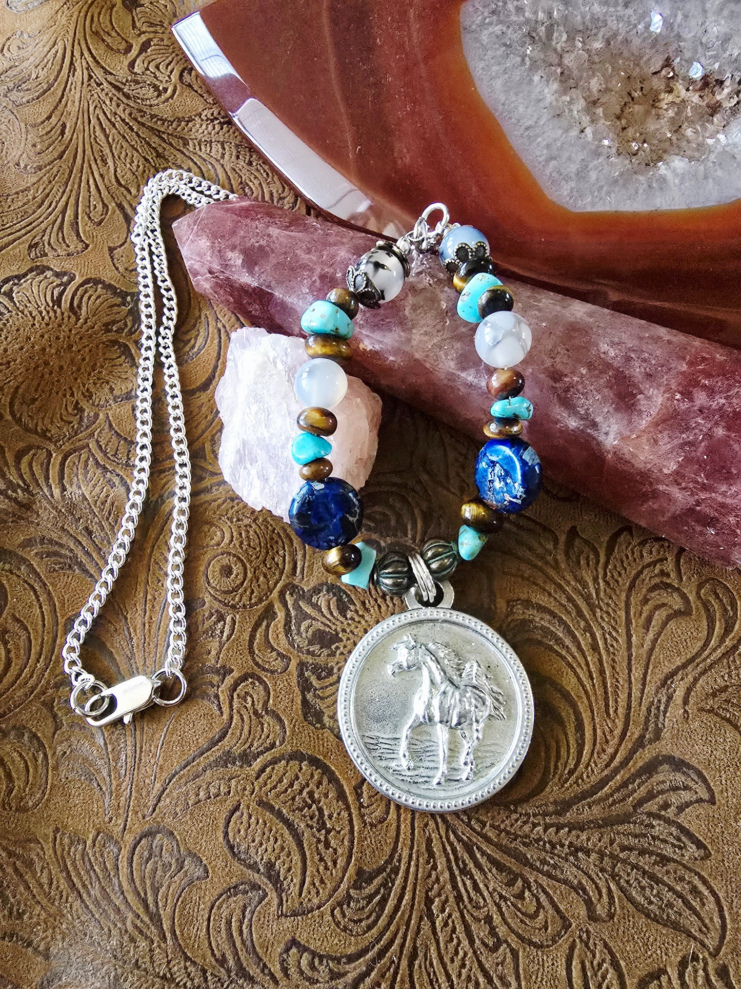 Pewter Arabian Horse Necklace — Jasper, Turquoise, Tiger's Eye & Dendritic Opal Gemstone Beads, 24"
