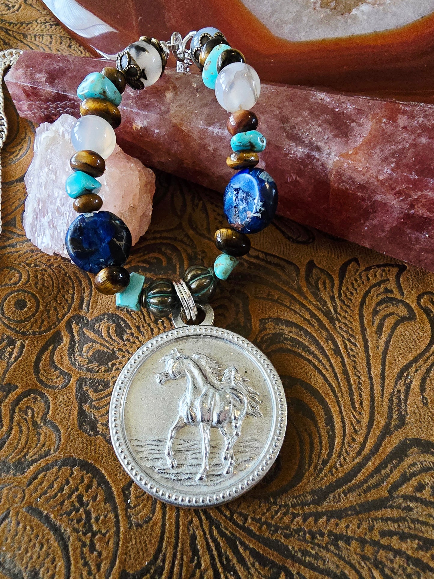 Pewter Arabian Horse Necklace — Jasper, Turquoise, Tiger's Eye & Dendritic Opal Gemstone Beads, 24"