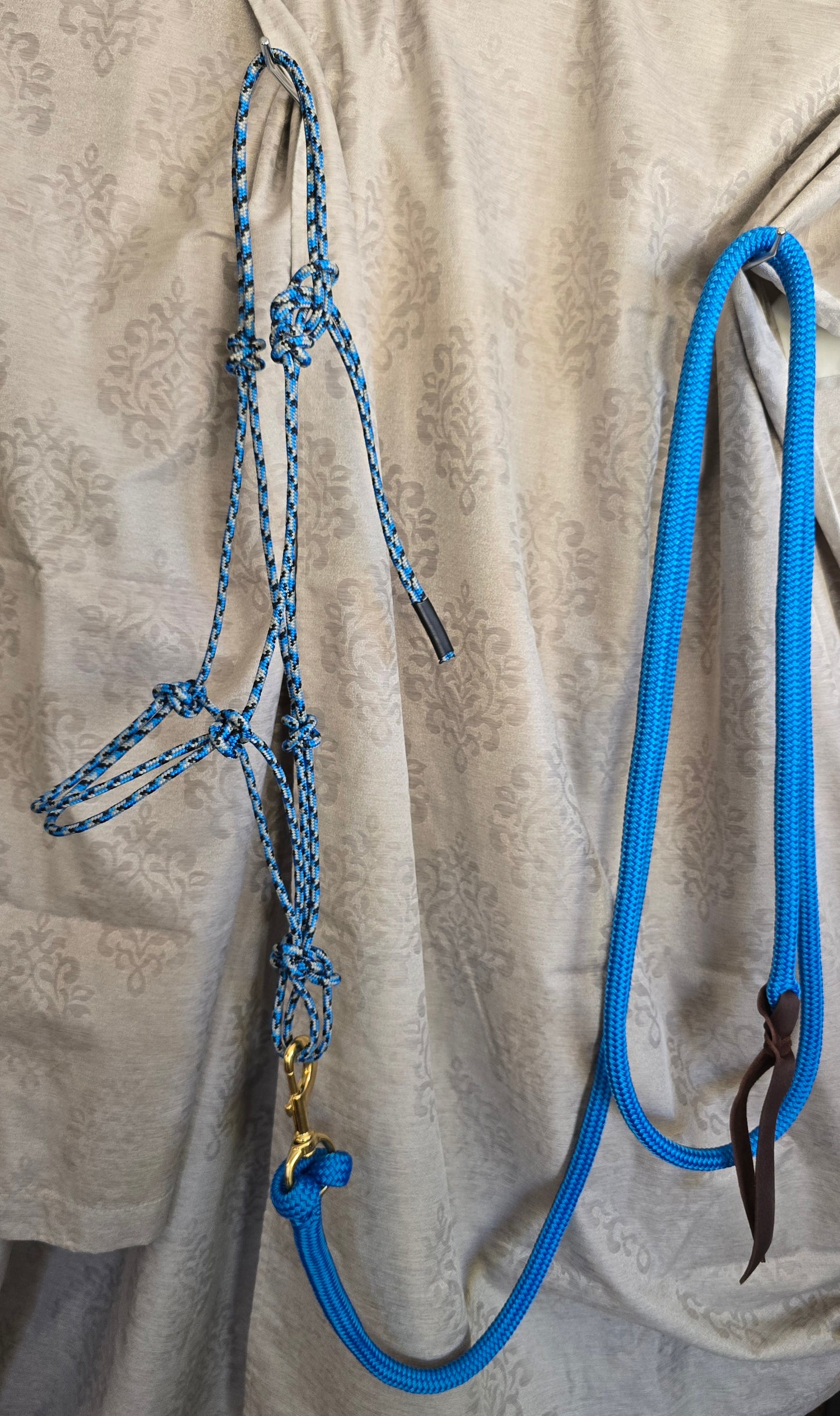 Handmade Arabian Rope Halter & Lead Rope Set — Blue/Black/Grey & Solid Blue, 10' Brass Snap