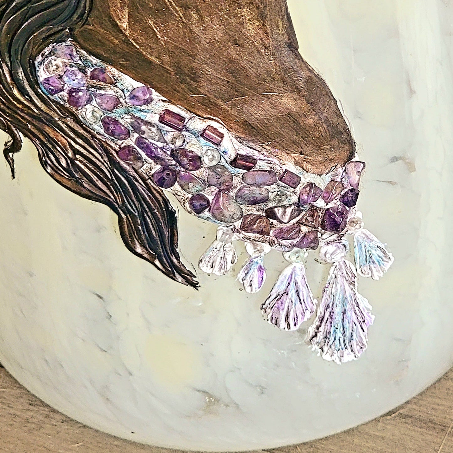 Arabian Horse Epoxy Resin Sculpture on Hand Blown White Swirl Glass Vase — Amethyst Gemstone Breast Collar