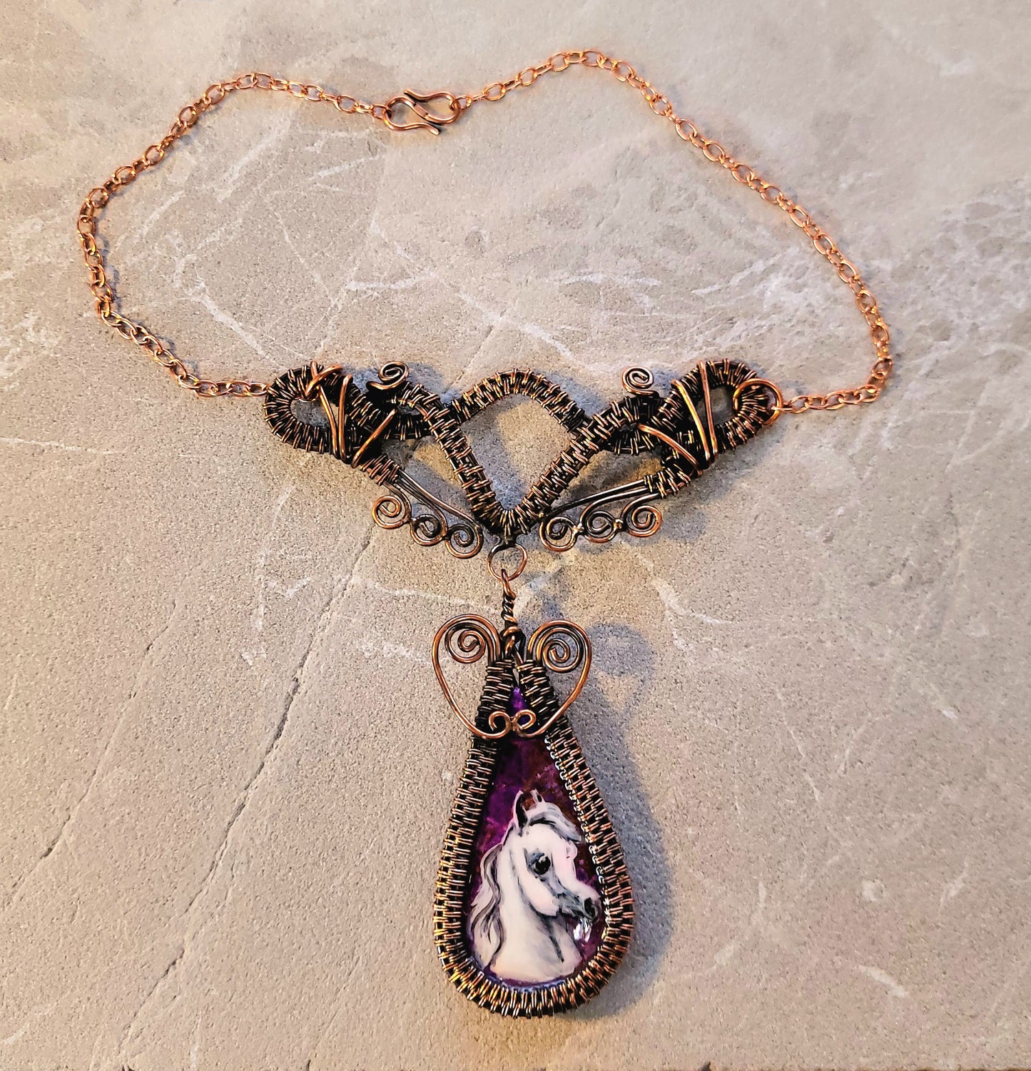 Copper Wire Wrapped Purple Jasper Hand Painted Arabian Horse Necklace