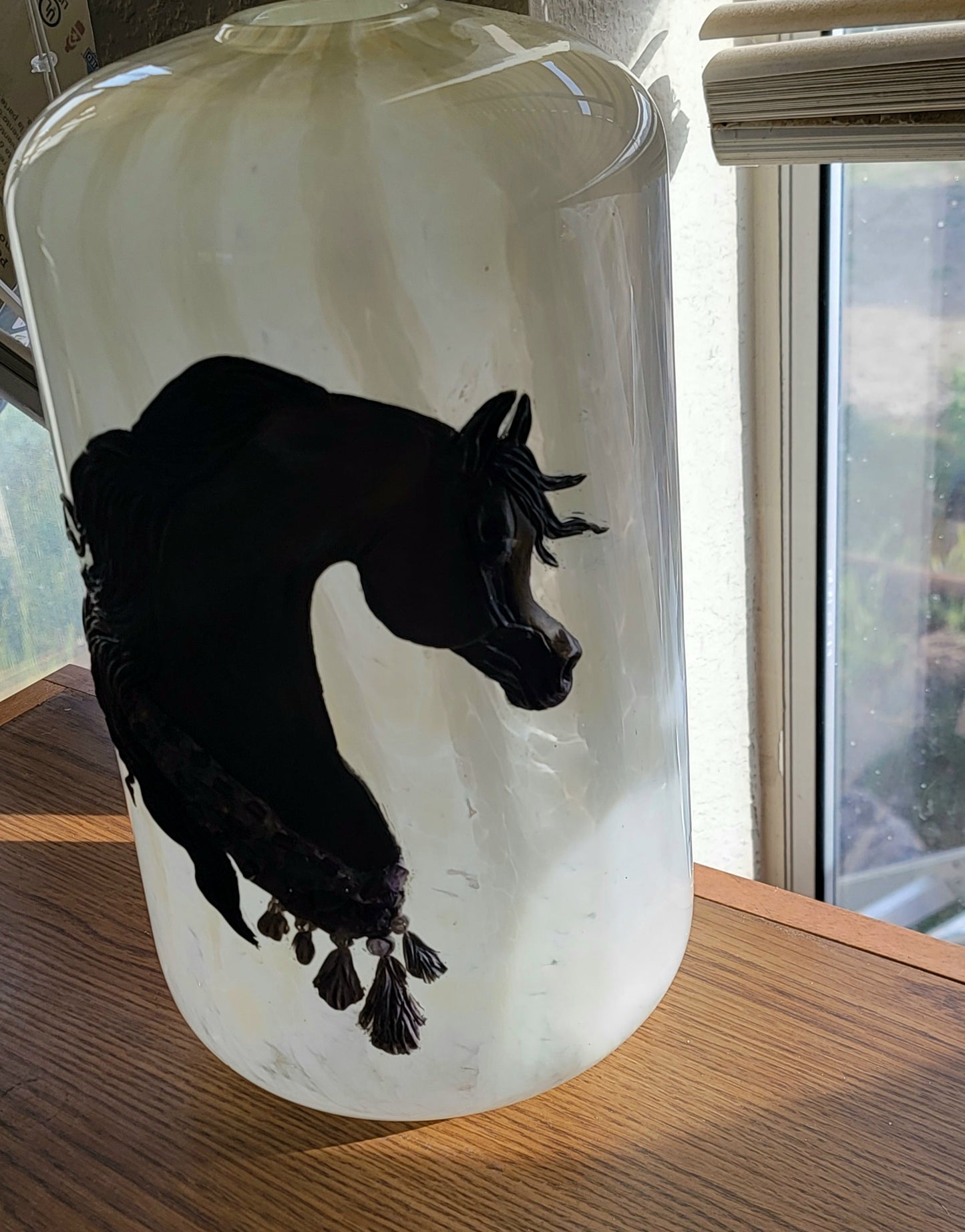 Arabian Horse Epoxy Resin Sculpture on Hand Blown White Swirl Glass Vase — Amethyst Gemstone Breast Collar
