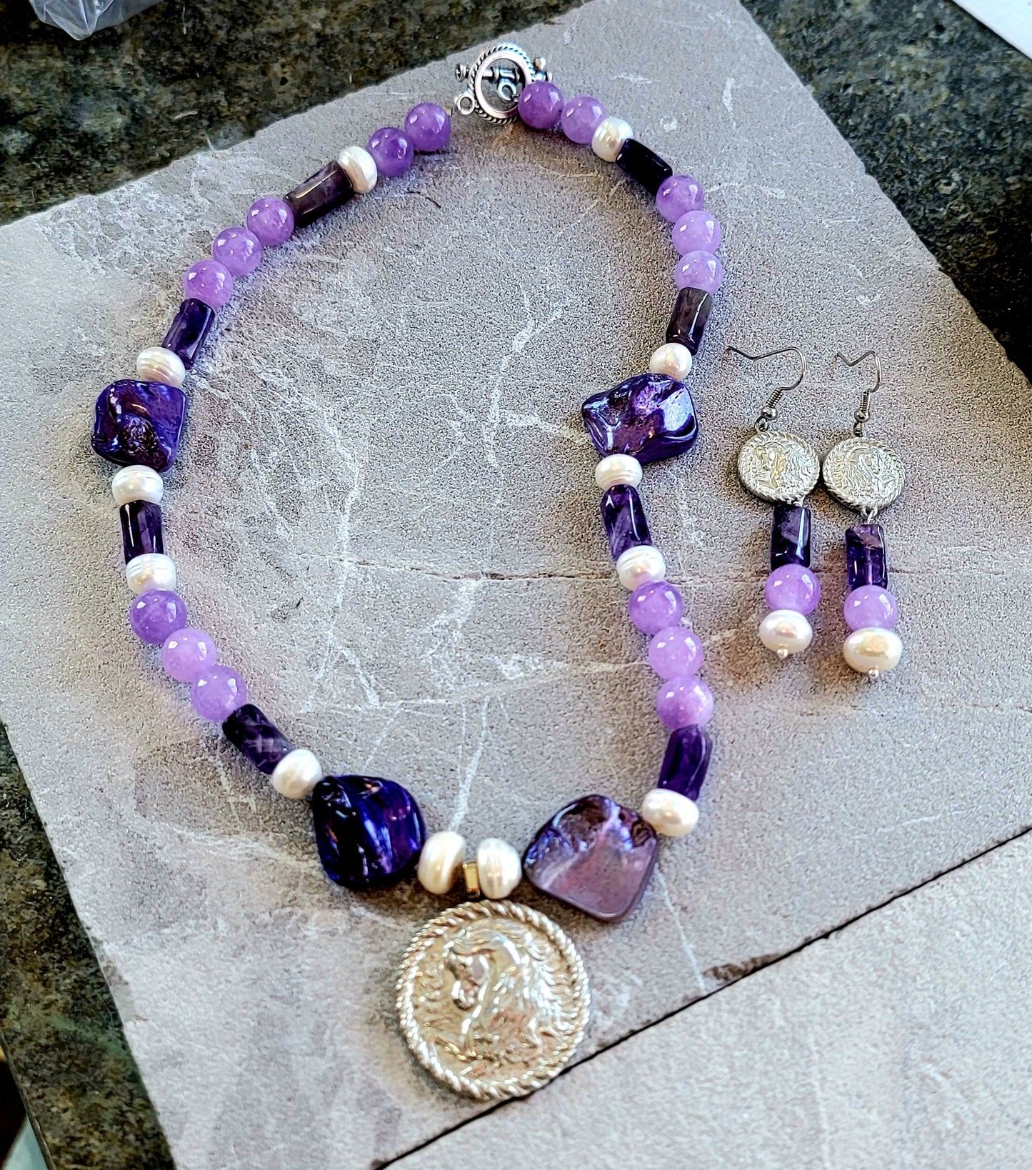 Exquisite Arabian Pewter Amethyst Pearl & Shell Necklace and Earring Set