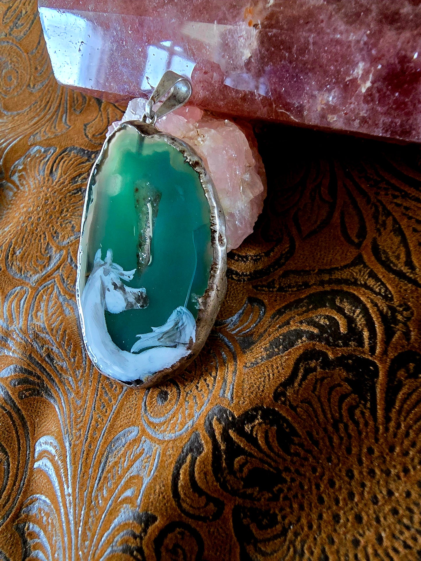 Hand-Painted Arabian Horse Pendant — Teal Dyed Brazilian Agate Slice
