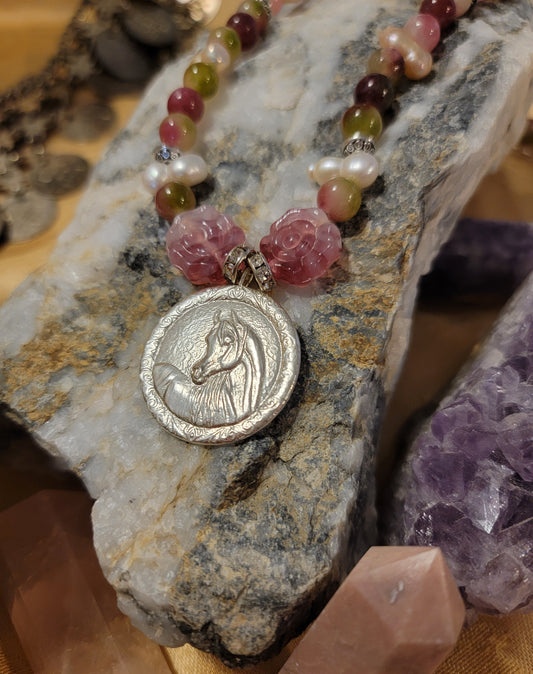 Arabian Horse Sterling Silver Necklace — Rose Quartz, Biwa Pearls & Pink Tourmaline