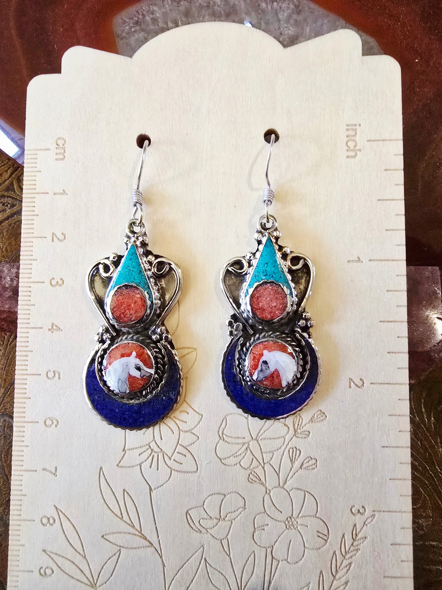 Hand-Painted Arabian Horse Sterling Silver Earrings — Turquoise, Coral & Lapis Inlay