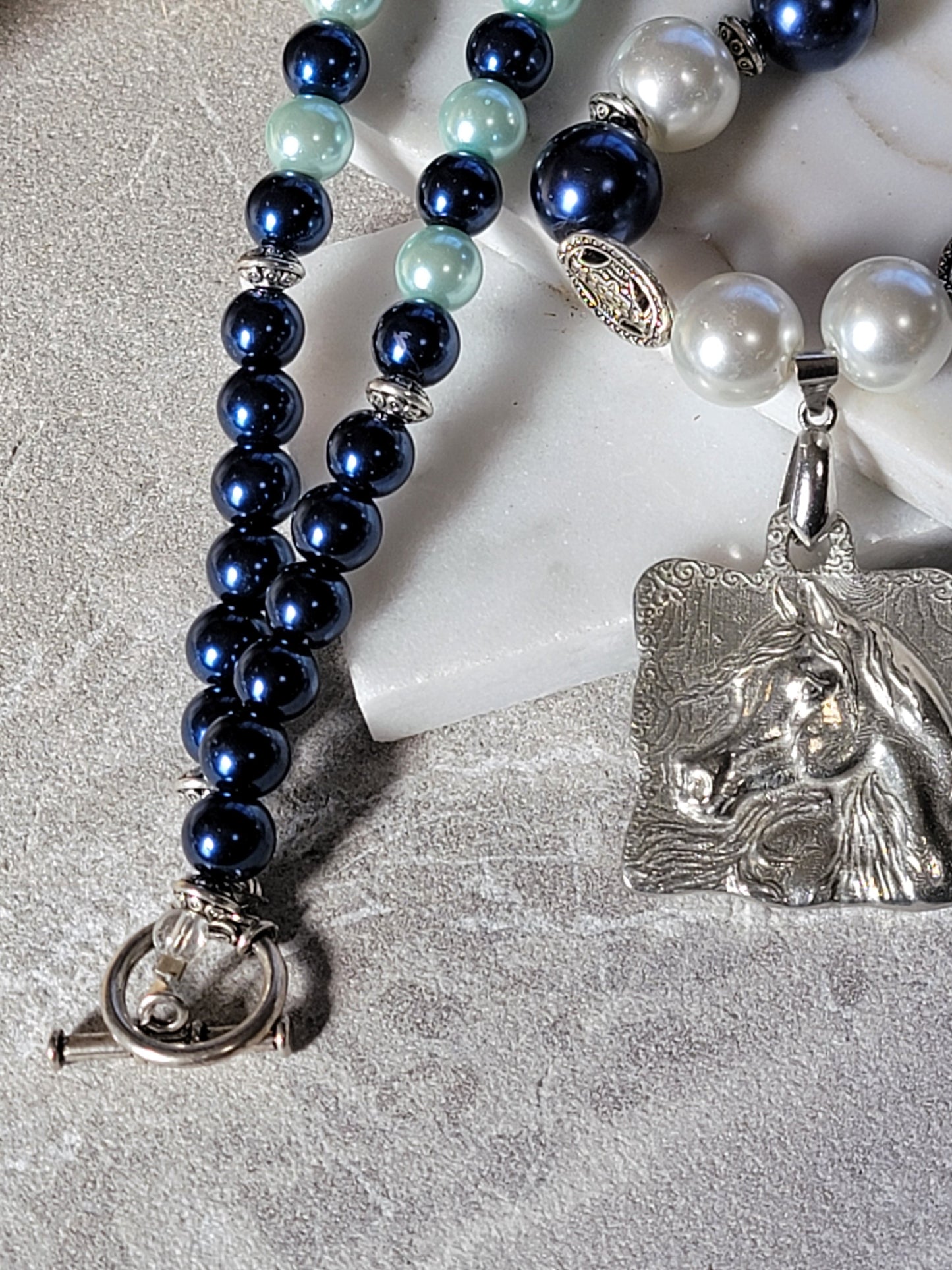 Arabian Horse Glass Pearl & Pewter Necklace with matching earrings