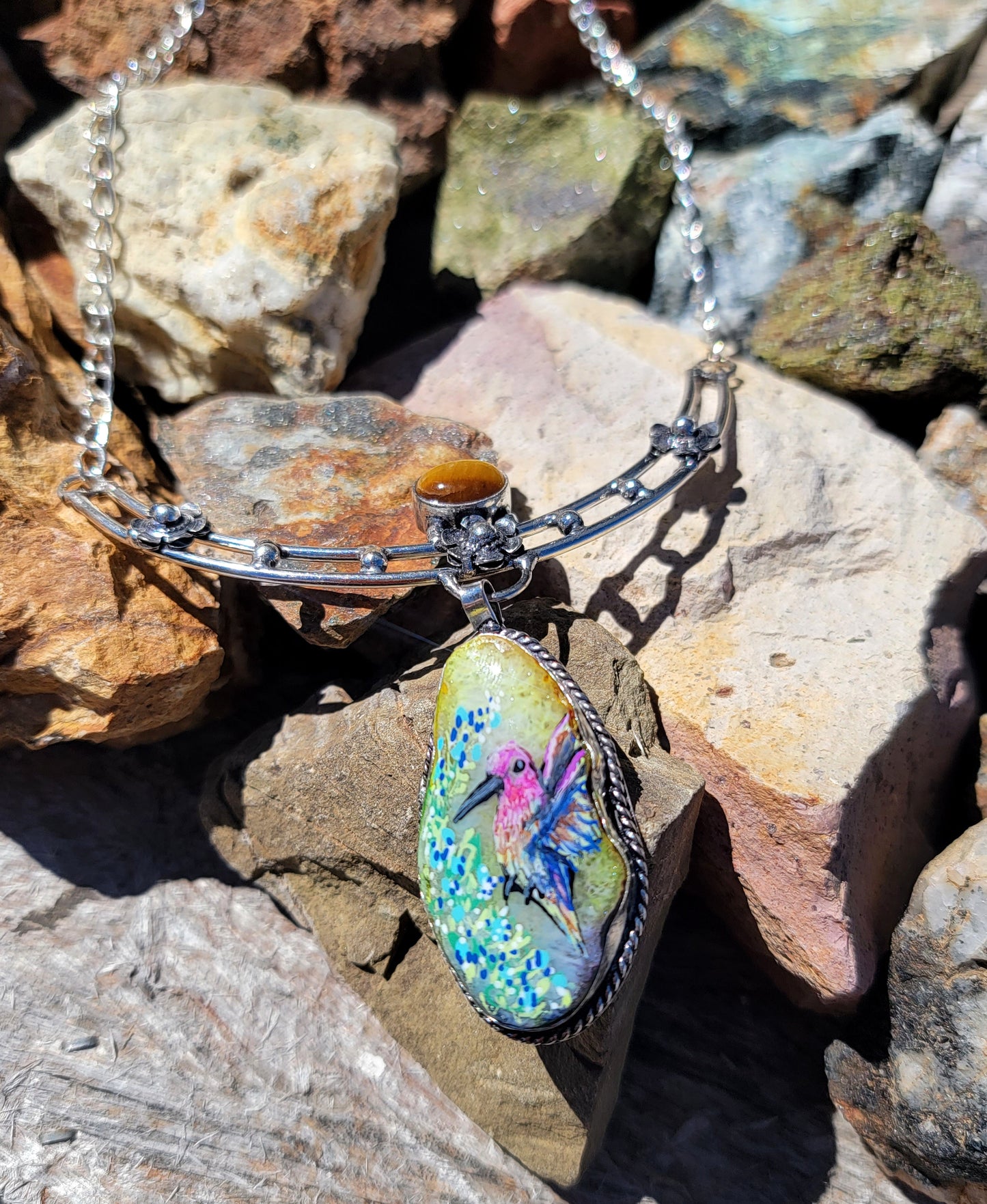 Hand Painted Hummingbird Solar Quartz & Tiger Eye Sterling Silver Necklace