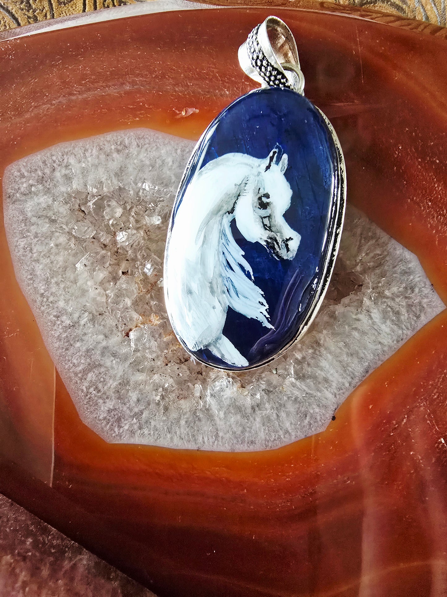 Hand-Painted Arabian Horse Pendant — Deep Blue Labradorite