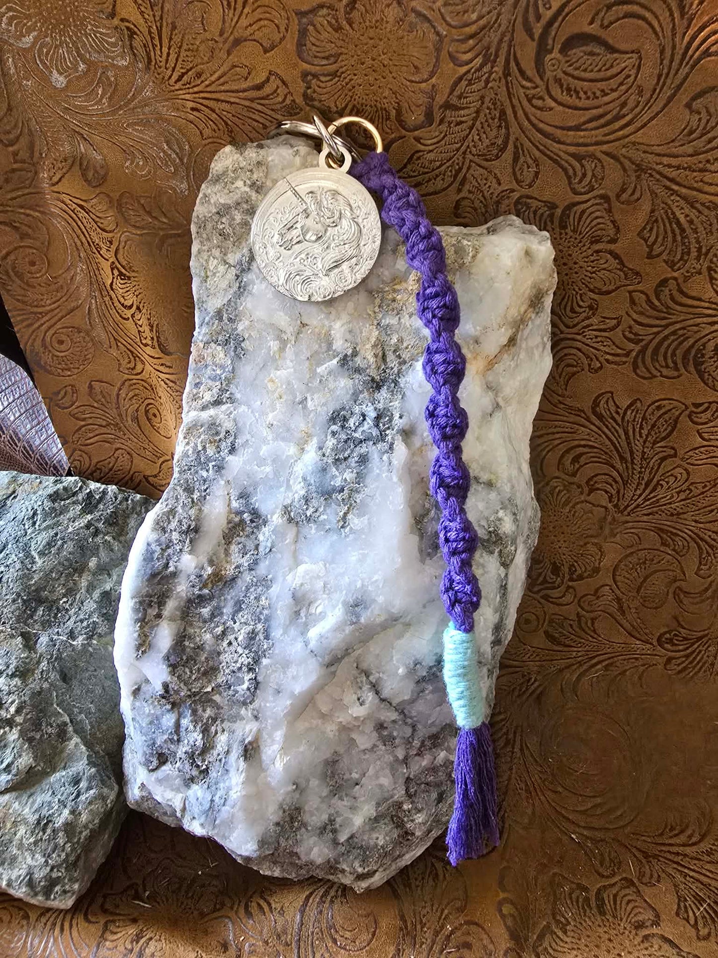 Unicorn Pewter Pendant Keychain Key Ring Macrame Lanyard