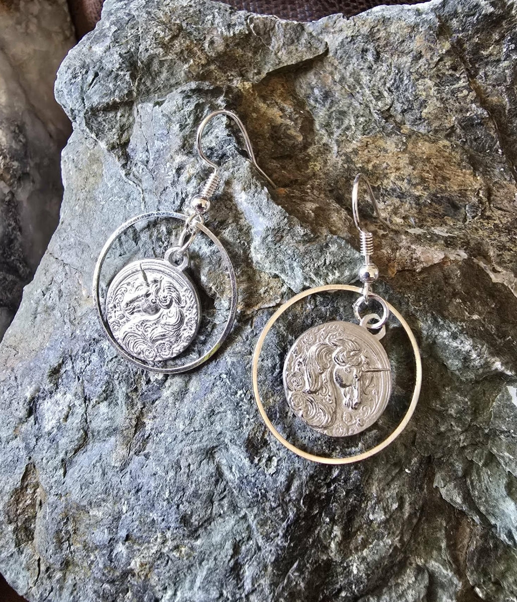 Pewter Unicorn Hoop Earrings Fantasy Horse Jewelry