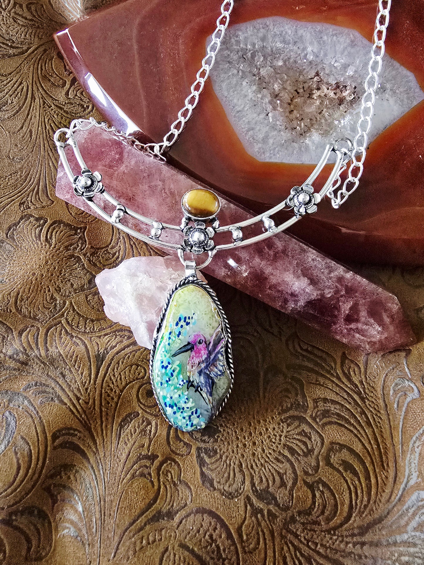 Hand Painted Hummingbird Solar Quartz & Tiger Eye Sterling Silver Necklace