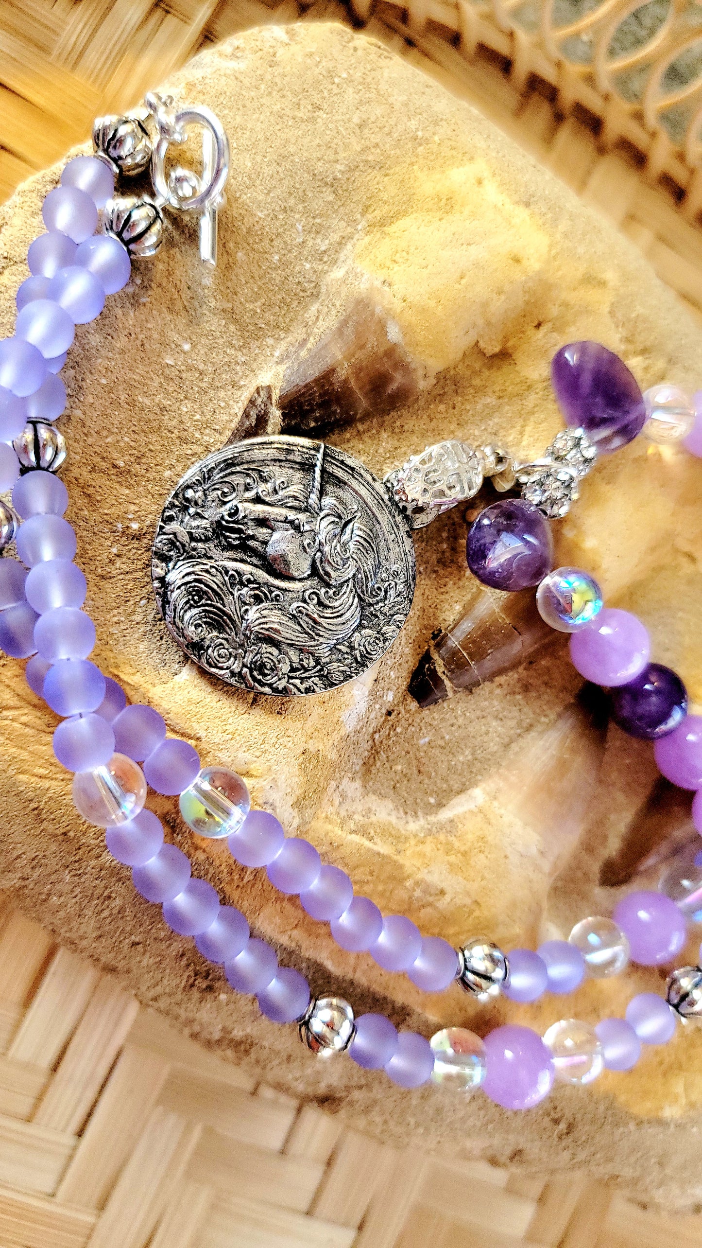 Beaded Unicorn Horse Pewter Necklace set