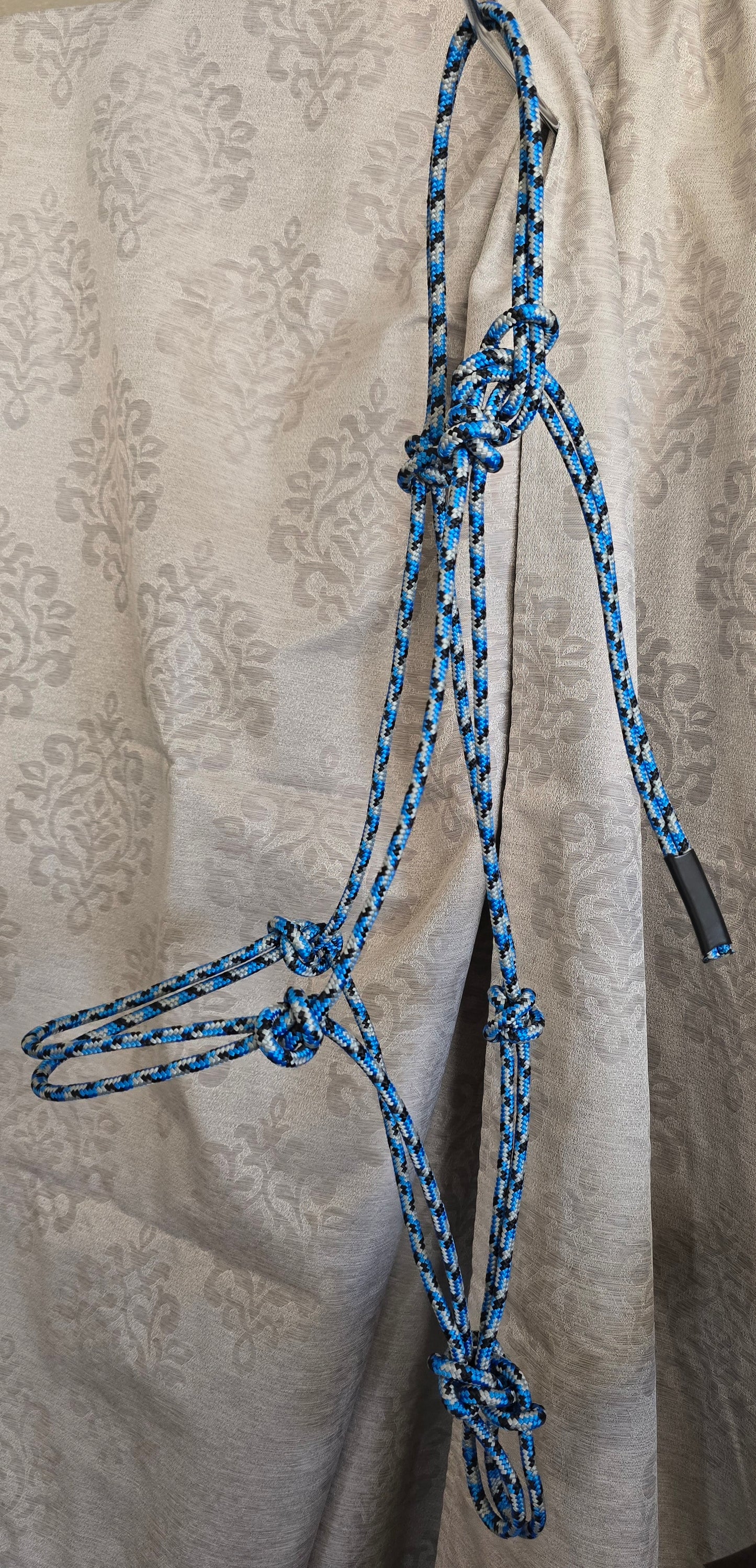 Handmade Arabian Rope Halter & Lead Rope Set — Blue/Black/Grey & Solid Blue, 10' Brass Snap