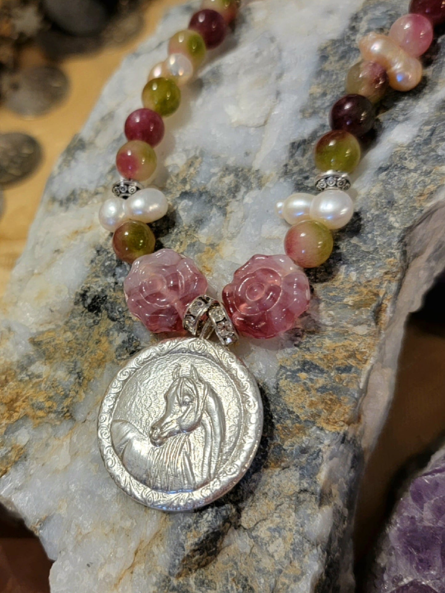 Arabian Horse Sterling Silver Necklace — Rose Quartz, Biwa Pearls & Pink Tourmaline