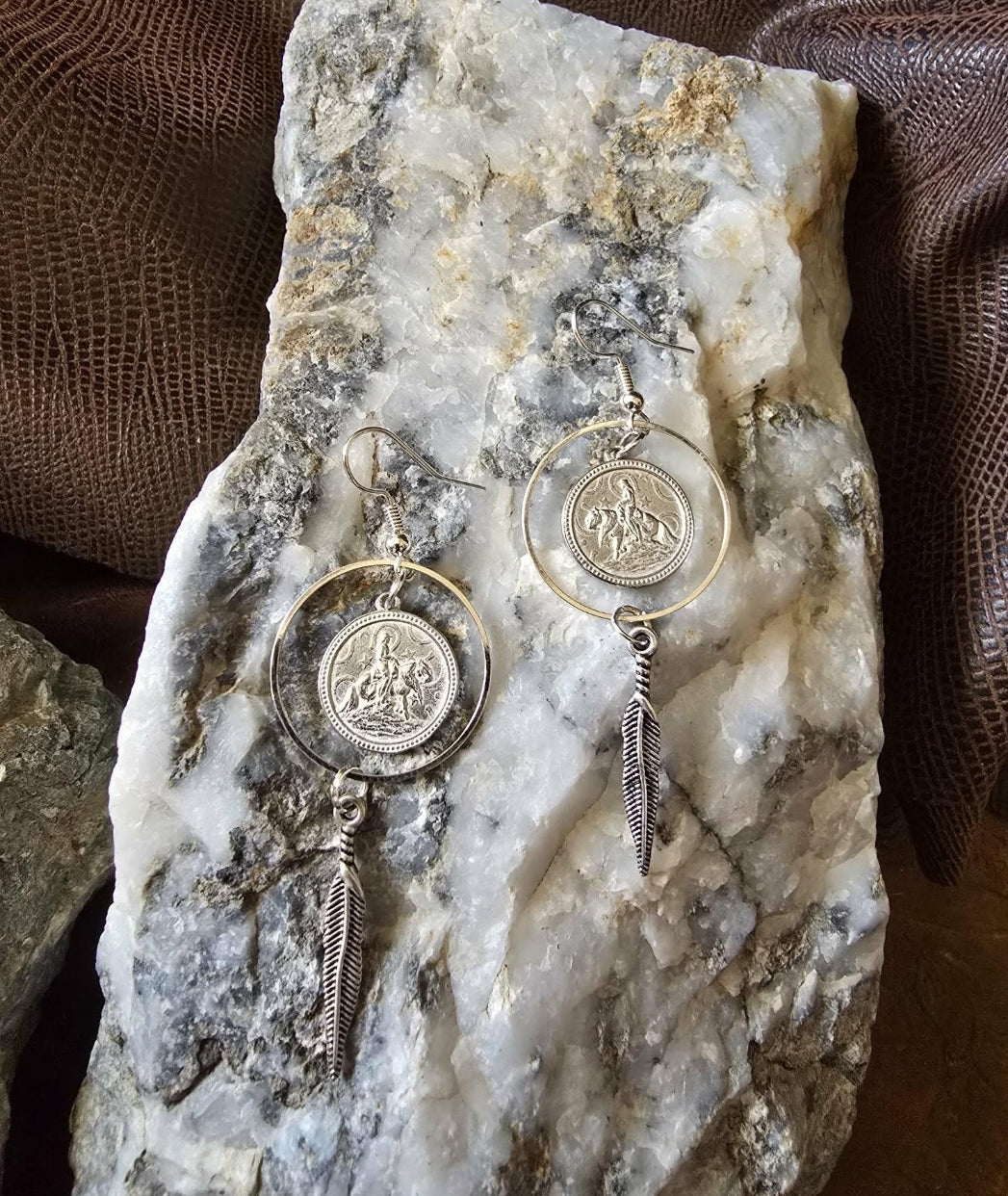 Reining Horse Hoop and Feather Earrings pewter and stainless steel